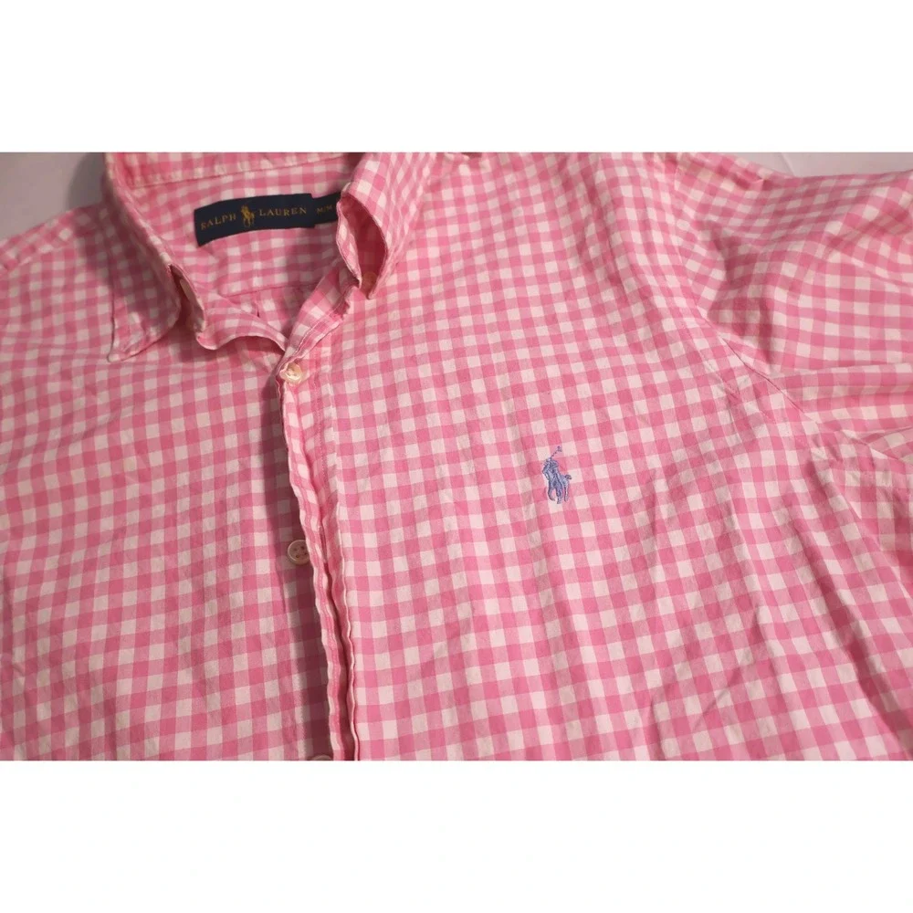 Polo Ralph Lauren Mens Medium Pink Gingham Long Sleeve Button Up Shirt Pony Logo